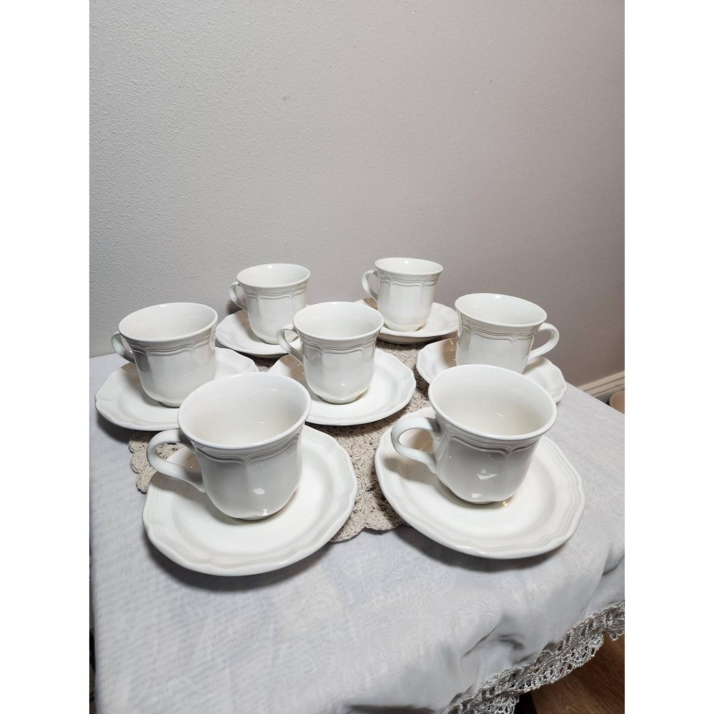 Mikasa French Countryside F9000 White Tea Cup and Saucer Set of 7 Stoneware